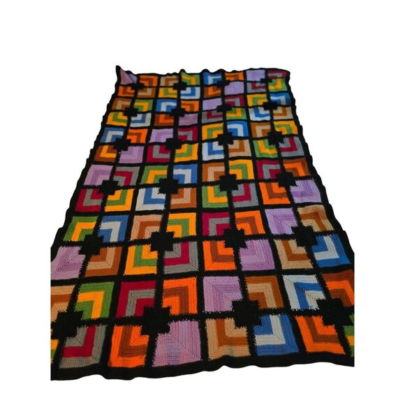 Vintage Handmade Colorful Geometric Square Crochet Afghan Throw Blanket - Picture 1 of 10